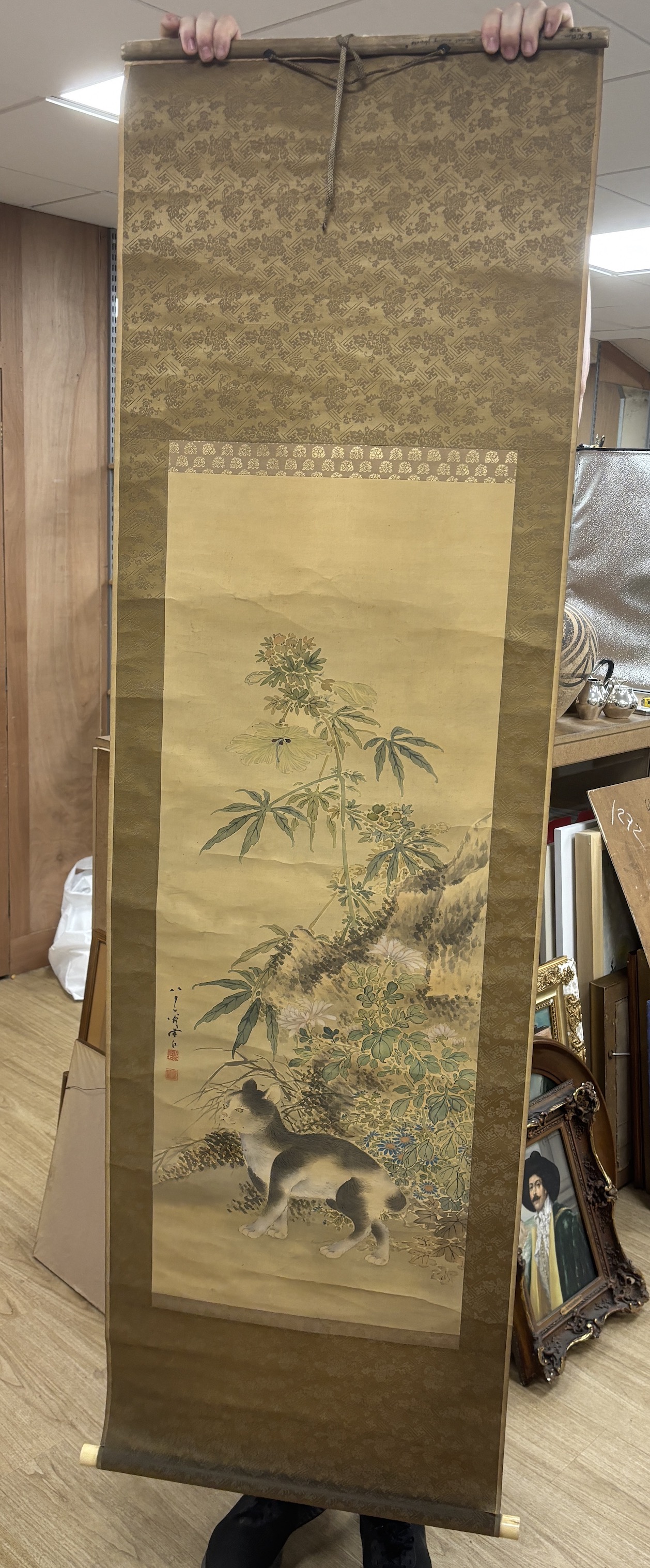 Sekko Matsudaira, Japanese watercolour scroll, domestic animal amongst flowers, housed in a wooden case